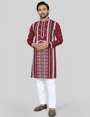 maroon embroidered silk kurta pyjama set with silver sequin work 1