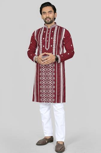 maroon embroidered silk kurta pyjama set with silver sequin work