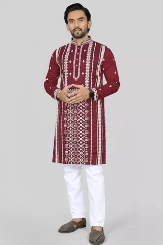 maroon embroidered silk kurta pyjama set with silver sequin work