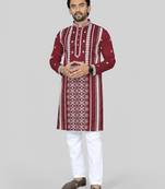 maroon embroidered silk kurta pyjama set with silver sequin work