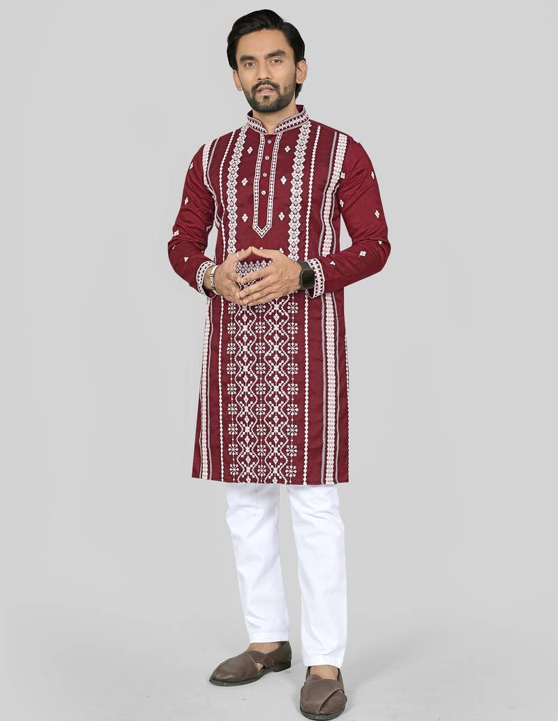 maroon embroidered silk kurta pyjama set with silver sequin work