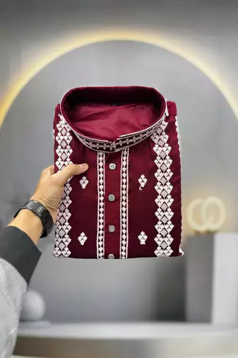 maroon embroidered silk kurta pyjama set with silver sequin work