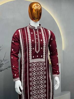 maroon embroidered silk kurta pyjama set with silver sequin work 3