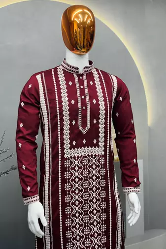 maroon embroidered silk kurta pyjama set with silver sequin work