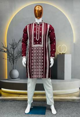 maroon embroidered silk kurta pyjama set with silver sequin work 4