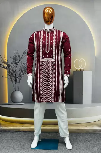 maroon embroidered silk kurta pyjama set with silver sequin work