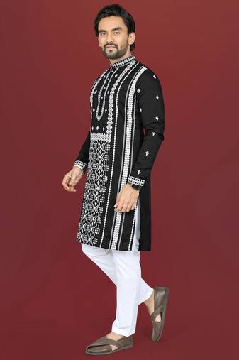 black embroidered silk kurta pyjama set with silver sequin work