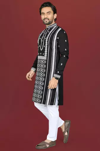 black embroidered silk kurta pyjama set with silver sequin work