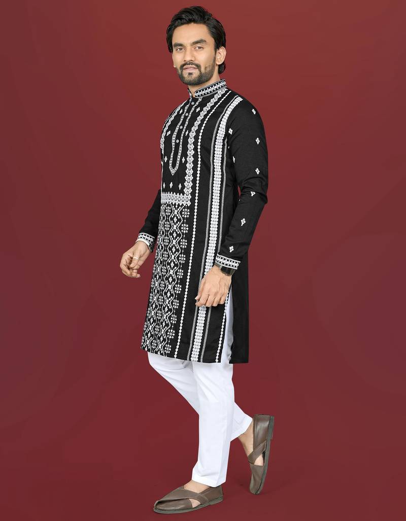 black embroidered silk kurta pyjama set with silver sequin work