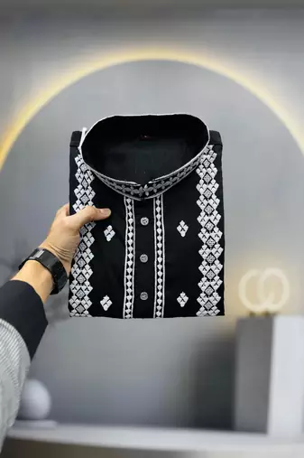 black embroidered silk kurta pyjama set with silver sequin work