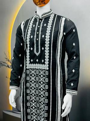 black embroidered silk kurta pyjama set with silver sequin work 3