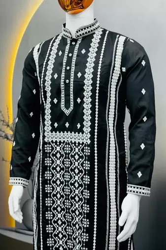 black embroidered silk kurta pyjama set with silver sequin work