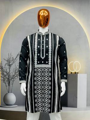 black embroidered silk kurta pyjama set with silver sequin work 4