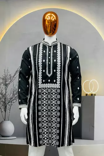 black embroidered silk kurta pyjama set with silver sequin work