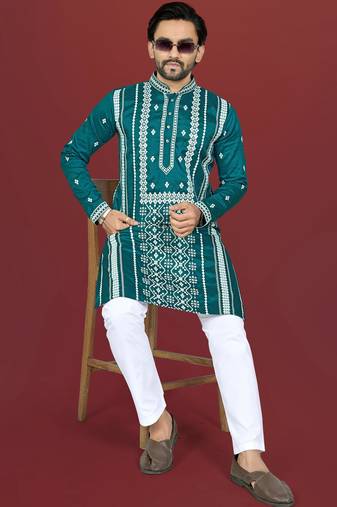 teal embroidered silk kurta pyjama set with silver sequin work