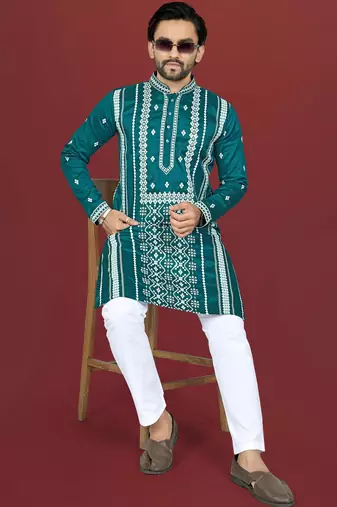 teal embroidered silk kurta pyjama set with silver sequin work