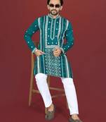 teal embroidered silk kurta pyjama set with silver sequin work