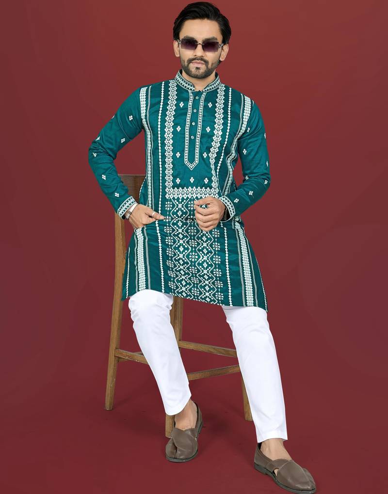 teal embroidered silk kurta pyjama set with silver sequin work