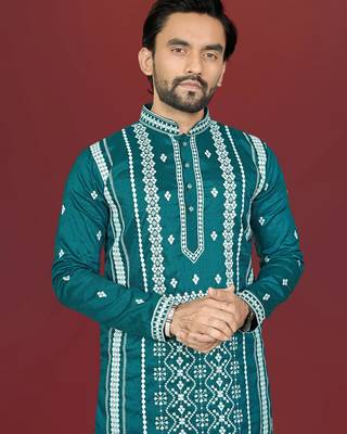 teal embroidered silk kurta pyjama set with silver sequin work 2