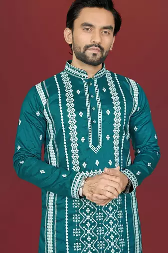 teal embroidered silk kurta pyjama set with silver sequin work