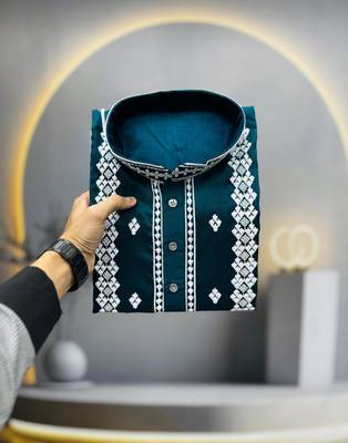 teal embroidered silk kurta pyjama set with silver sequin work 3