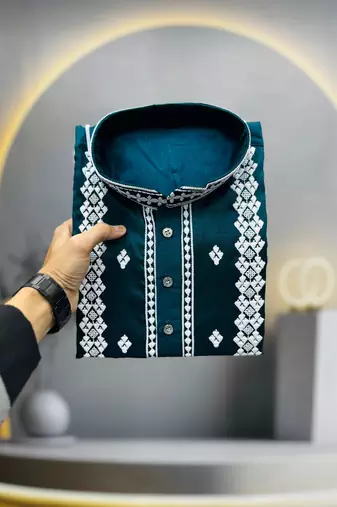 teal embroidered silk kurta pyjama set with silver sequin work