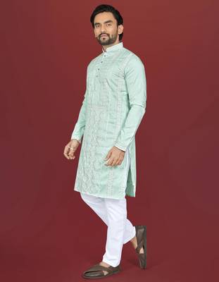 mint green embroidered silk kurta pyjama set with silver sequin work 1