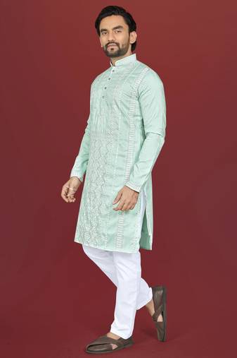 mint green embroidered silk kurta pyjama set with silver sequin work