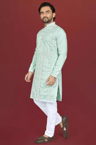 mint green embroidered silk kurta pyjama set with silver sequin work