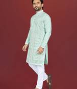 mint green embroidered silk kurta pyjama set with silver sequin work