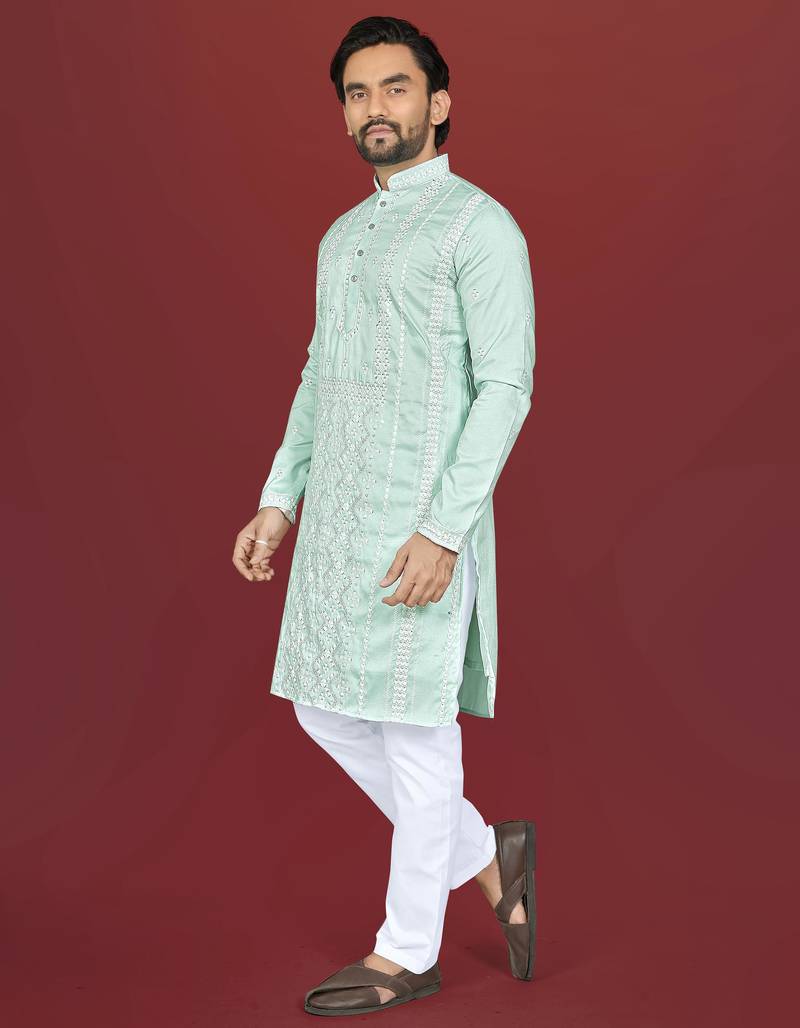 mint green embroidered silk kurta pyjama set with silver sequin work