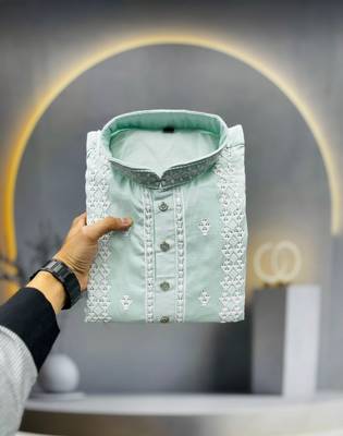 mint green embroidered silk kurta pyjama set with silver sequin work 2