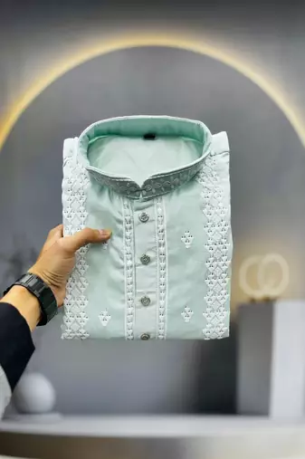 mint green embroidered silk kurta pyjama set with silver sequin work
