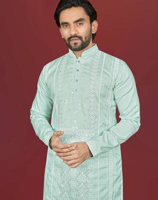 mint green embroidered silk kurta pyjama set with silver sequin work 3