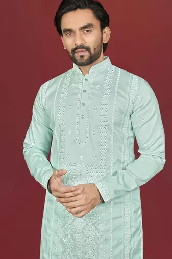mint green embroidered silk kurta pyjama set with silver sequin work
