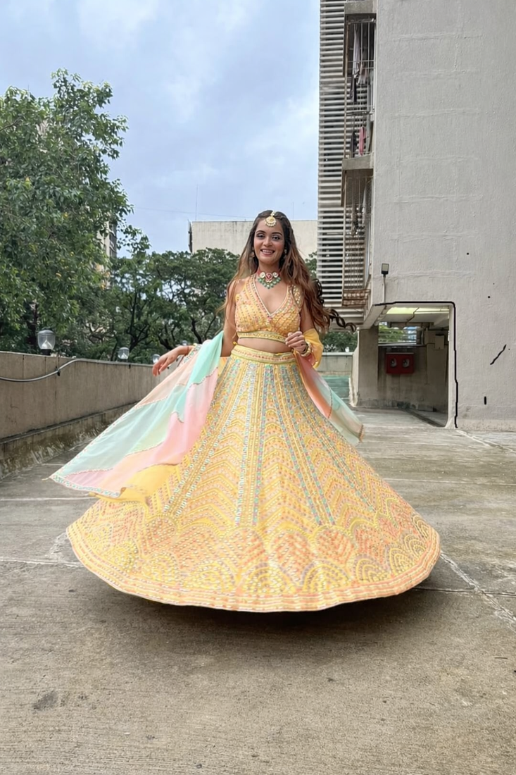 Yellow Dola Silk Lehenga Choli with Multi Color Thread & Sequin Embroidery Work