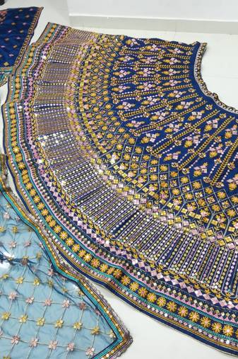 Wedding Wear Navy Blue Chinon Lehenga with Sequin & Thread Work