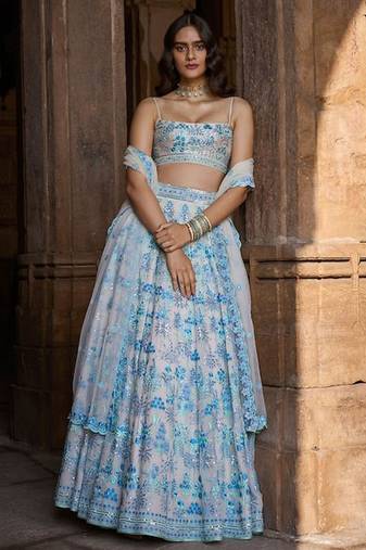 Sky Blue Faux Georgette Lehenga Choli with Sequins & Thread Embroidery Work