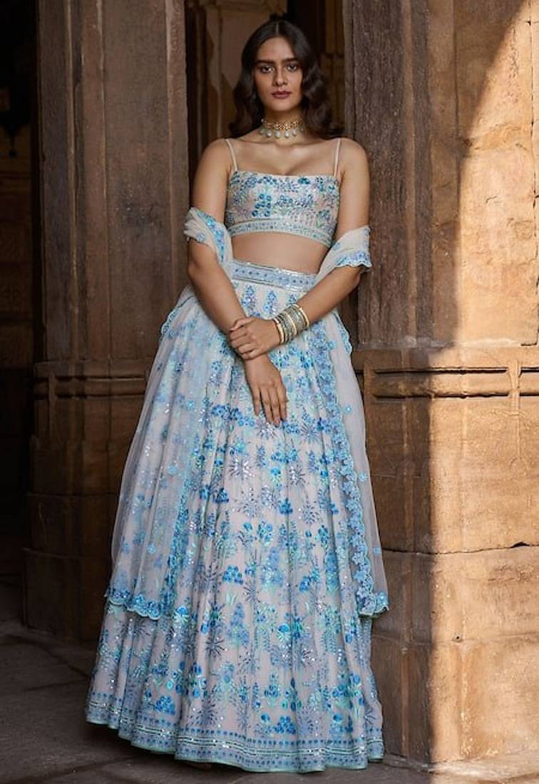 Sky Blue Faux Georgette Lehenga Choli with Sequins & Thread Embroidery Work