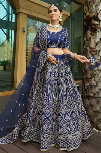 Navy Blue Malai Satin Silk Lehenga Choli with Zari & Dori Embroidery Work and Net Dupatta