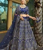 Navy Blue Malai Satin Silk Lehenga Choli with Zari & Dori Embroidery Work and Net Dupatta