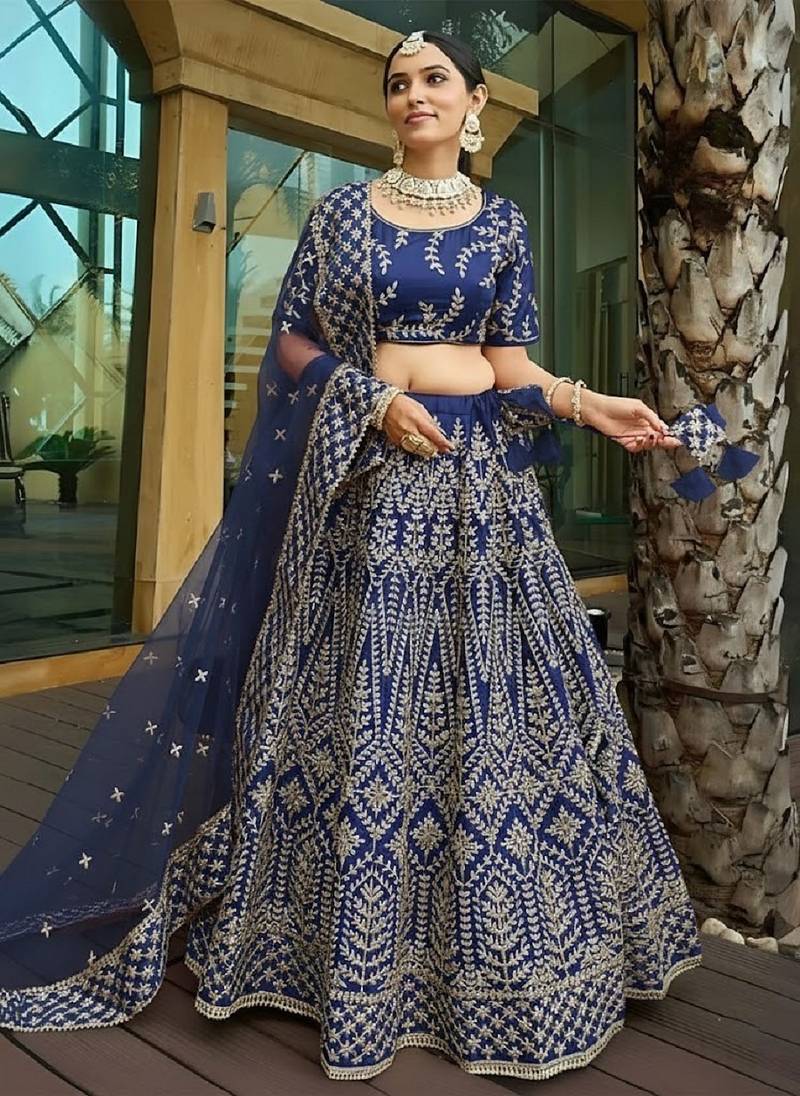Navy Blue Malai Satin Silk Lehenga Choli with Zari & Dori Embroidery Work and Net Dupatta