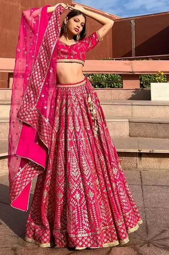 PINK Malai Satin Silk Lehenga Choli with Zari & Dori Embroidery Work and Net Dupatta
