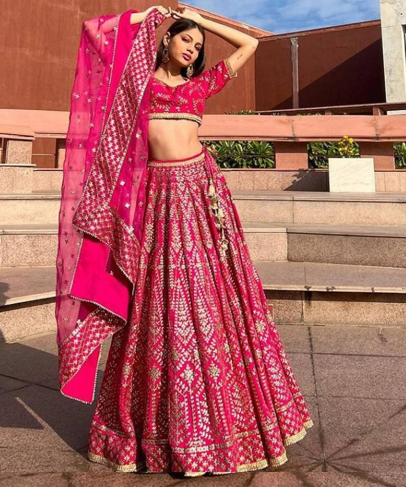 PINK Malai Satin Silk Lehenga Choli with Zari & Dori Embroidery Work and Net Dupatta
