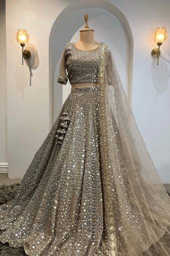 Grey Faux Georgette Lehenga Choli with Paper Mirror & Zari Embroidery Work and Net Dupatta