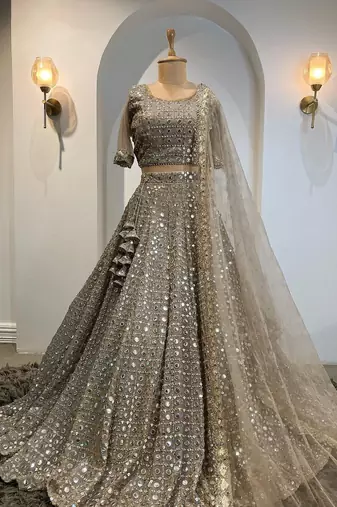 Grey Faux Georgette Lehenga Choli with Paper Mirror & Zari Embroidery Work and Net Dupatta