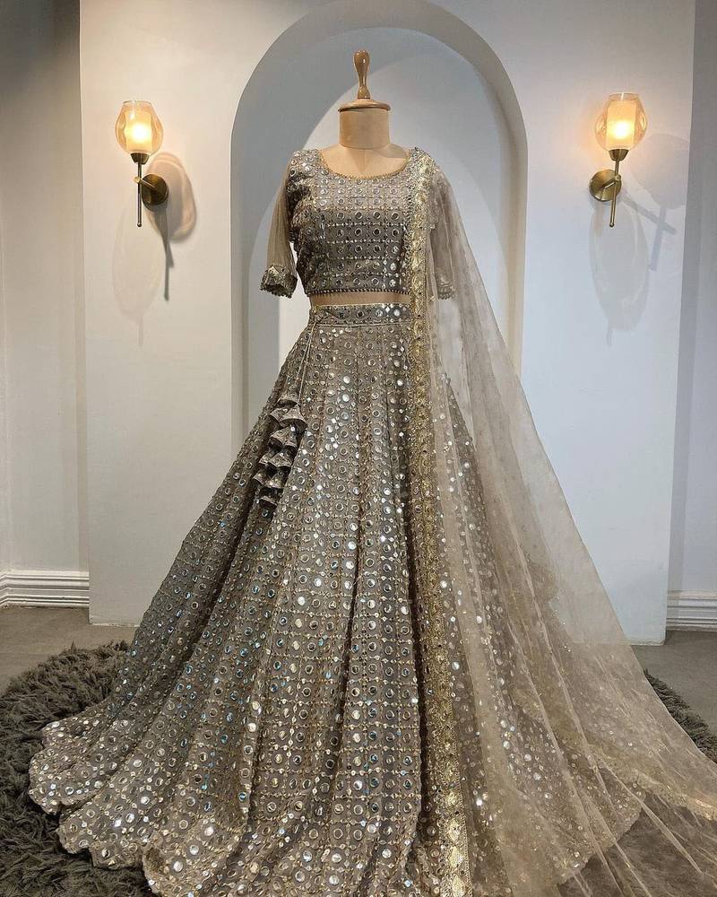 Grey Faux Georgette Lehenga Choli with Paper Mirror & Zari Embroidery Work and Net Dupatta