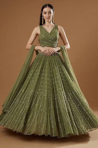 Green Georgette Lehenga Choli with Sequin & Zari Embroidery Work and Matching Dupatta