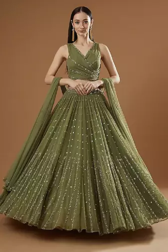 Green Georgette Lehenga Choli with Sequin & Zari Embroidery Work and Matching Dupatta