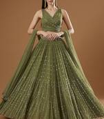 Green Georgette Lehenga Choli with Sequin & Zari Embroidery Work and Matching Dupatta
